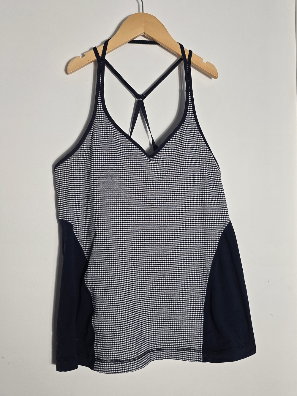 Striped V‑Neck Active Tank with Strappy Back - Navy & White